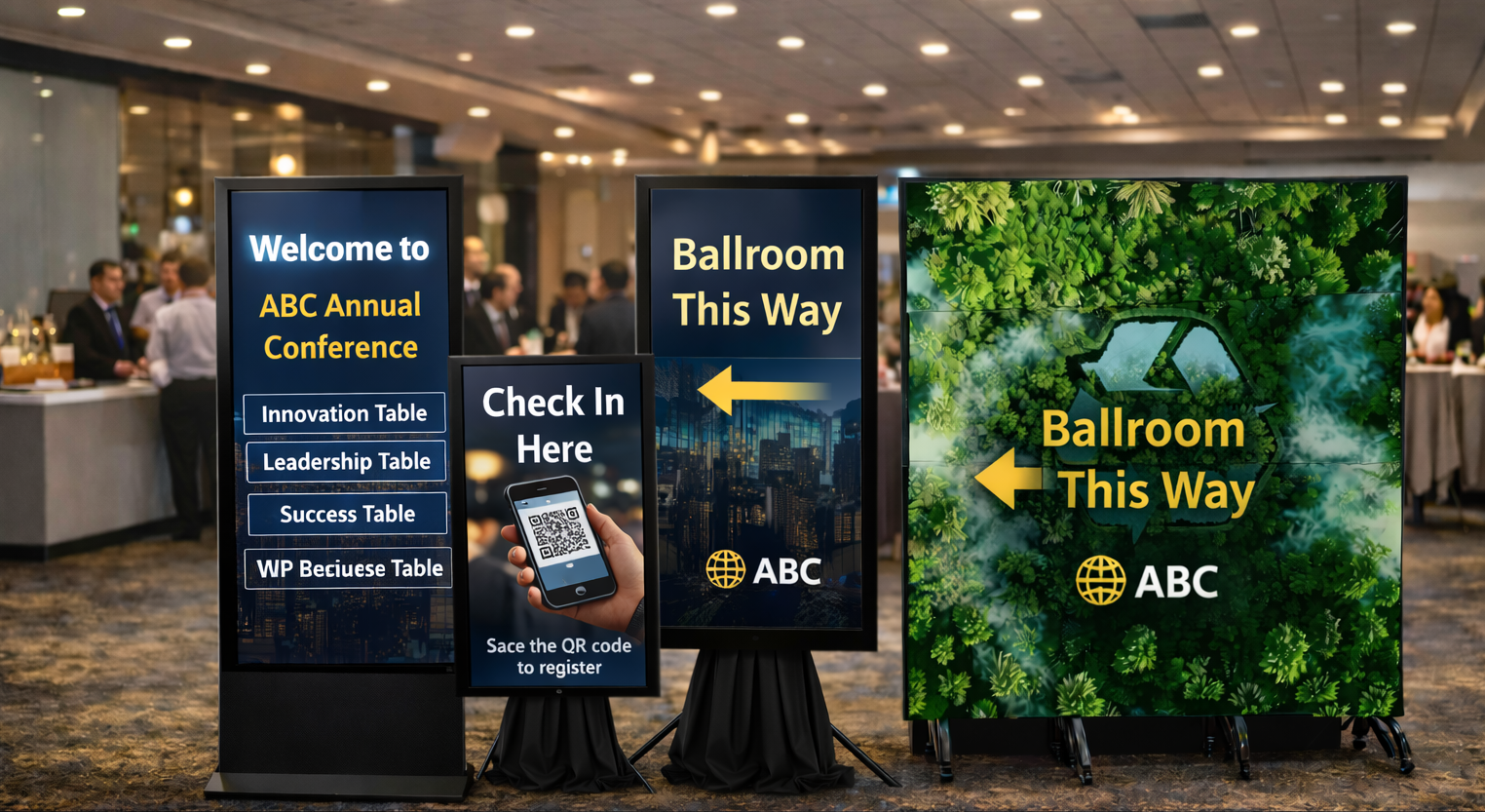 digital signage rental, event digital signage, corporate event signage, LED wall rental, 65 inch display rental, 32 inch display rental, portrait display rental, event wayfinding screens, check in kiosk display, table finder display, branded event displays, digital welcome signage, conference signage solutions, trade show signage rental, wedding signage displays, lobby signage rental, interactive event signage, QR check in display, tripod display rental, modular LED wall, event technology rental, meeting signage, presentation wall rental, event communication displays, branded event visuals, large format display rental, attendee direction signage, professional event signage, hotel event signage, ballroom wayfinding screens, event information display, digital signage for events, portable display rental, premium event signage, corporate conference displays, expo signage rental, venue guest directions.