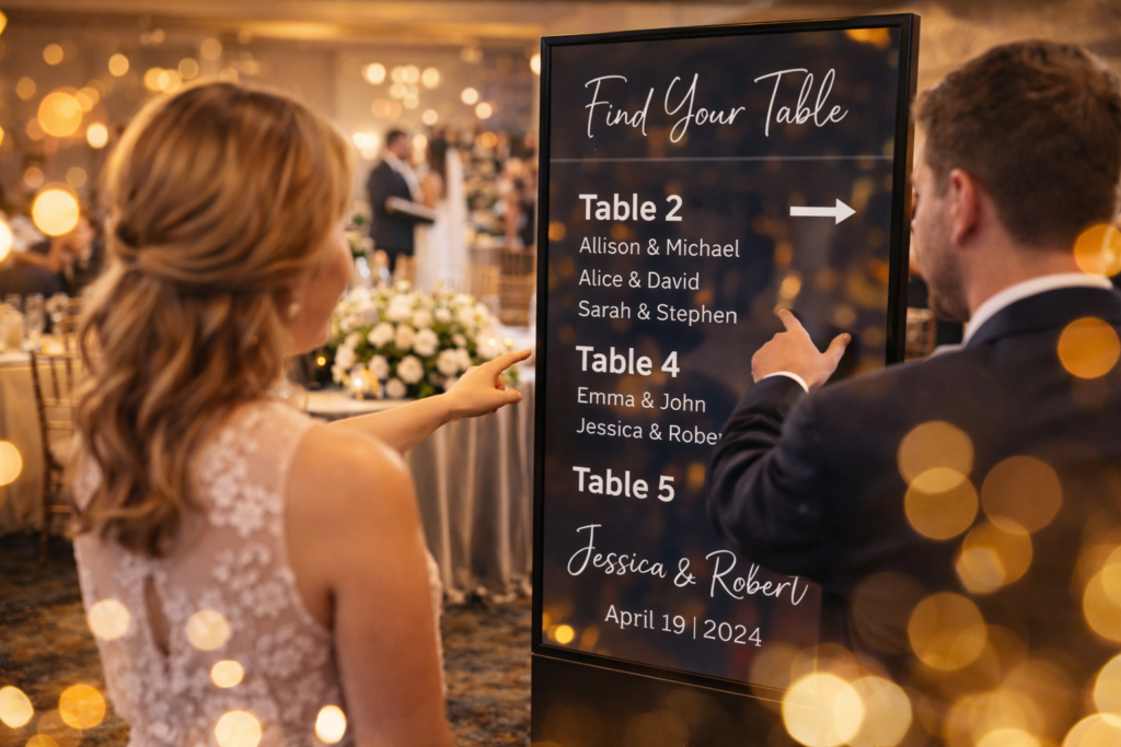 wedding seating chart display, digital wedding seating chart, wedding event signage, wedding guest seating display, digital wedding signage, wedding table assignment display, wedding welcome signage, luxury wedding reception signage, wedding direction signage, wedding guest guidance display, custom wedding event signage, interactive wedding seating chart, wedding reception technology, wedding guest experience signage, baltimore wedding signage, maryland wedding signage, wedding seating chart screen, wedding reception wayfinding display, custom event signage wedding, modern wedding seating chart, elegant wedding reception display, wedding guest table finder, picture this parties signage, digital wedding seating chart rental, wedding reception welcome display