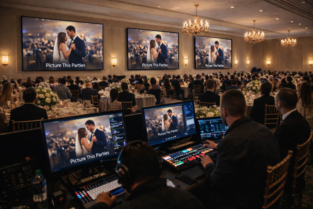 event video wall display, ballroom event screens, live event broadcast display, wedding video wall screens, corporate event video display, ballroom projection screens, event production broadcast booth, live event AV production, event video streaming setup, ballroom conference screens, wedding live broadcast display, corporate conference video wall, event AV control booth, ballroom presentation screens, event production control desk, large venue video display, live event screen broadcast, luxury ballroom event production, event technology services, picture this parties event display, maryland event production services, baltimore event AV services, wedding live stream screens, conference broadcast display system, professional event video production