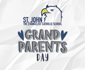 Grandparents Day event backdrop at St John the Evangelist Catholic School with custom graphic design