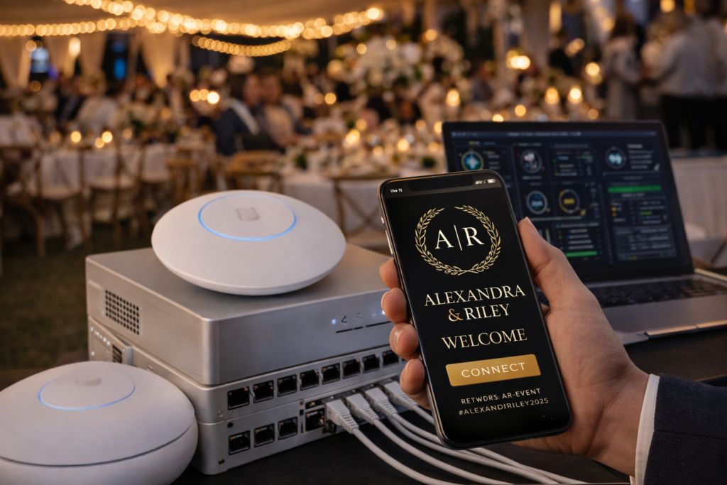 guest connecting to branded event wifi at wedding using phone with custom login page and wireless access point setup