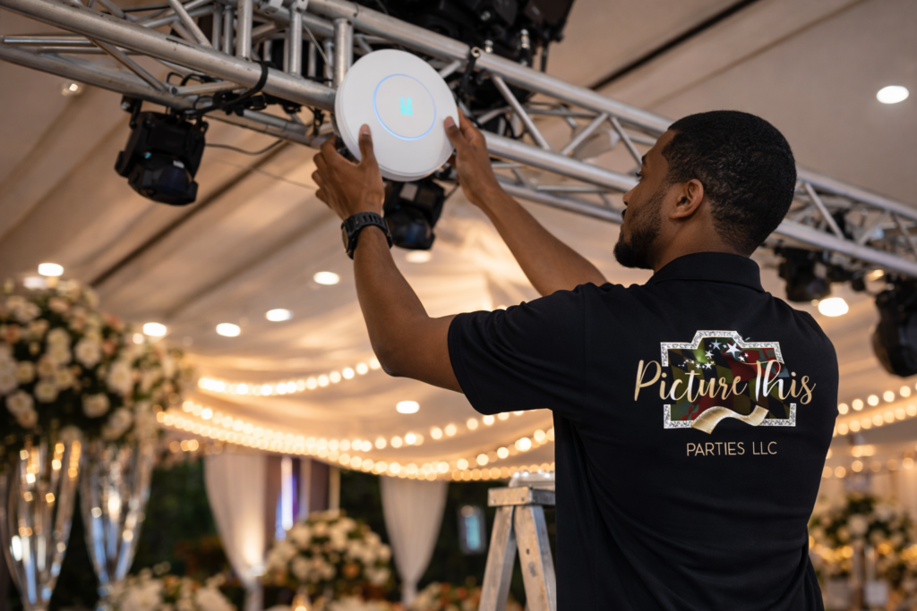 technician installing wireless access point on truss at wedding event for branded event wifi setup