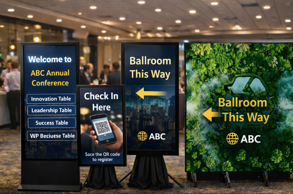 digital signage rental, event digital signage, corporate event signage, LED wall rental, 65 inch display rental, 32 inch display rental, portrait display rental, event wayfinding screens, check in kiosk display, table finder display, branded event displays, digital welcome signage, conference signage solutions, trade show signage rental, wedding signage displays, lobby signage rental, interactive event signage, QR check in display, tripod display rental, modular LED wall, event technology rental, meeting signage, presentation wall rental, event communication displays, branded event visuals, large format display rental, attendee direction signage, professional event signage, hotel event signage, ballroom wayfinding screens, event information display, digital signage for events, portable display rental, premium event signage, corporate conference displays, expo signage rental, venue guest directions.